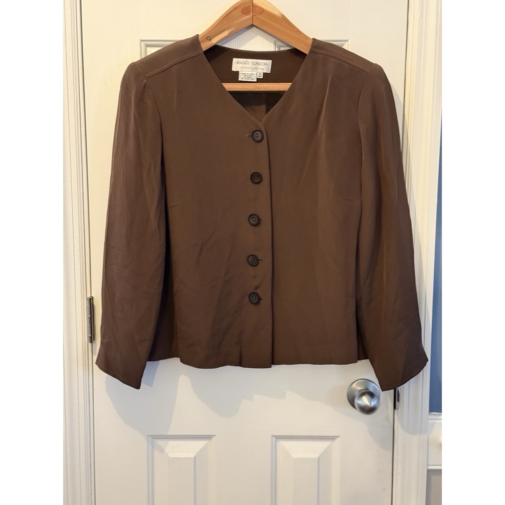 Maggy London Women's Petite Brown Jacket 16 Blazer Vintage Old Money 100 Silk